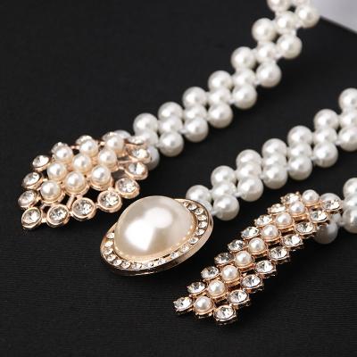 China Cute Ladies Pearl Belt Chain Korean Decorative Fashion Soft Rhinestone Pearl Dress Elastic Belt Women Wholesale for sale