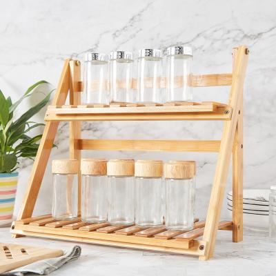 China 2 Tier Kitchen Spice Cup Spice Jar Stand Viable Custom Foldable Bamboo Spice Rack Organizer For Cabinet for sale