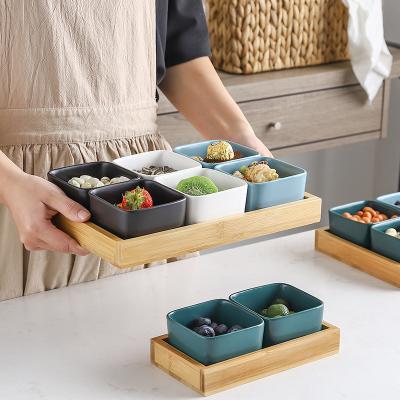 China Sustainable Bamboo Serving Tray With 6 Compartments Fruit Bowls Cake Nuts Removable Ceramic Bowl for sale