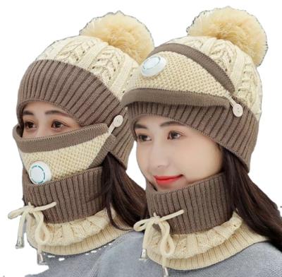 China COMMON Winter Hats For Women Face Cover Valve Mask 3 Pcs Warm Winter Knit Hat Ski Cycling Winter Hats for sale