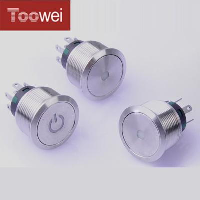 China Toowei Matel DPDT Push Button Switch Nylon Flat Stainless Steel 19mm with Dot Illuminatiton, Ring Illumination or Power Symbol for sale