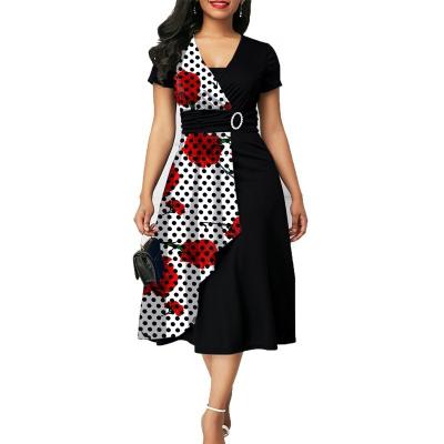 China 2022 Anti-Static Women Polka Dot Patchwork Round Neck Printed Lotus Leaf Un-Word Irregular Swing Dress for sale