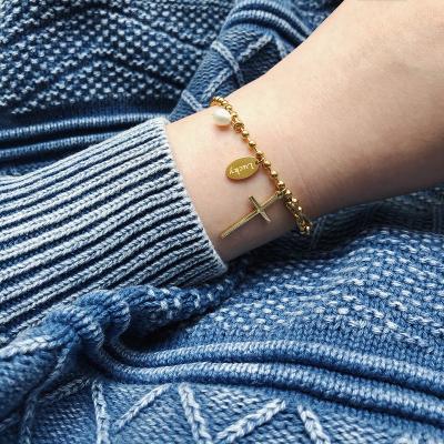 China FASHIONABLE Waterproof 18k Gold Thin Layer Double Layer Stainless Steel Cross Pendant Bracelet Crystal Fashion Jewelry For Women for sale