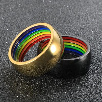 China Other Wholesale Gay Couples Jewelry 18k Gold Rings Wedding Lebian Stainless Steel Jewelry Colorful Rings Enamel Rainbow Ring for sale