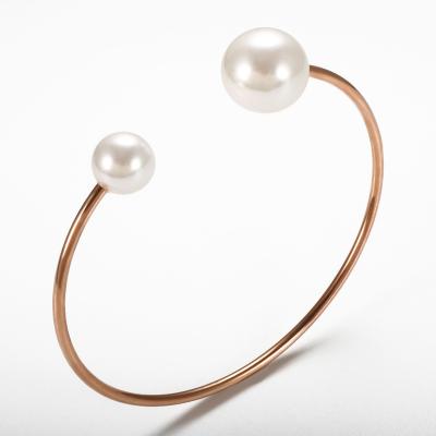 China Wholesale TRENDY Simple Bracelet Temperament Stainless Steel Cuff Pearl Bracelet Rose Gold Color Plated Fashion Jewelry Bangle Bracelet for sale