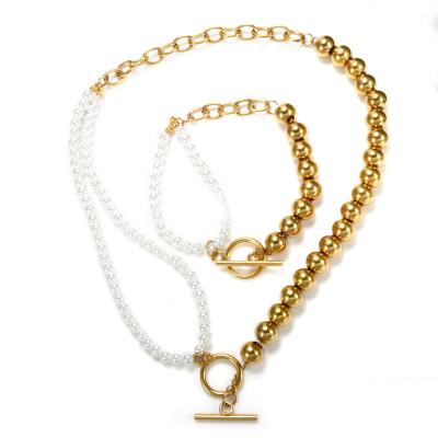 China Newest 18K Gold Thin Layer Stainless Steel Jewelry Set Pearl Steel Ball Necklace And Bracelect TRENDY Set for sale