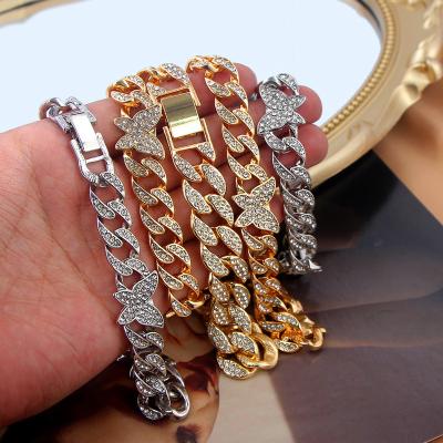 China Trendy Full Bling Rhinestone Miami Cuban Link Chain Bracelet Statement Jewelry Iced Out Crystal Butterfly Bracelet For Women for sale