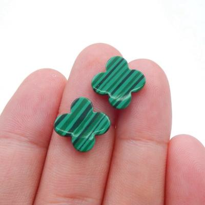 China Polished Women's Lucky Four Leaf Clover Earring Malachite Natural Stone Cabochon Pair for sale