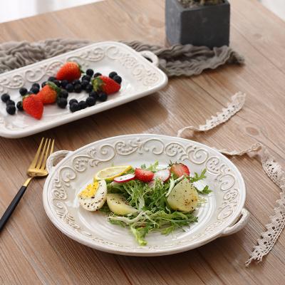 China Creative Retro Courtyard Style Dinner Dish Dessert Salad Dish Two-ear Sushi Sustainable Western European Ceramic Cake Dish Creative Relief Tray for sale