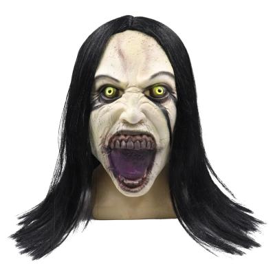 China Eco-Friendly Horror Woman Crying Mask With Head Props Halloween Cosplay Female Ghost Crawling Scary Devil Full Wigs Latex Evil Mask for sale