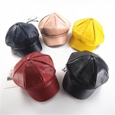 China Dobby 2019 New Arrive Mini Autumn Winter Custom Cheap Flat Brim PU Leather Beret With Sun Visor for sale