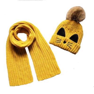 China High Quality Winter Warm COMMON Sale Kids Embroidery Ear Hat Scarf Set Cat Pattern Custom Made 2 In 1 Knit Beanie Hat Suit With Fur Ball for sale