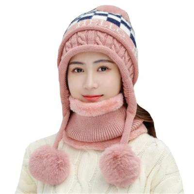 China Wholesale Common Beanie Cap Three Pompom Earflap Beanie Cap Wholesale COMMON Winter Warm Thick Hat Windproof Hat With Fleece Collar Scarf for sale