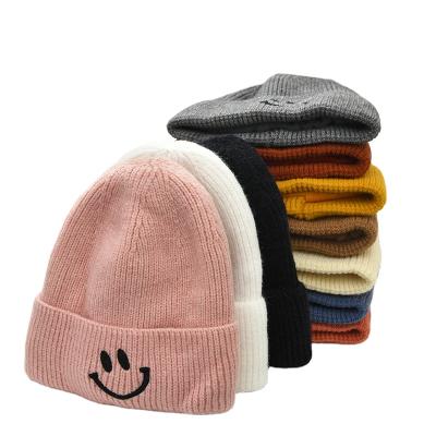 China WWholesale PS Winter Warm Custom Thick Knitted Smiley Face Embroidery Beanie Hat Velvet COMMON COMMON for sale