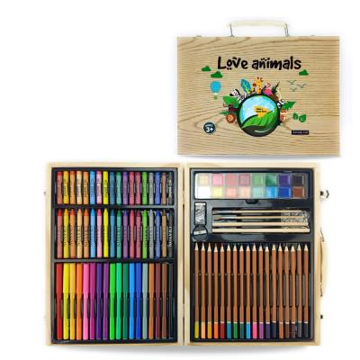 China 2021 Eco-friendly Promotional Large Gift Wooden Box 100pcs School Supplies Backpack Art Set Case Drawing Box for sale