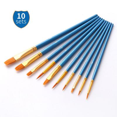 China Watercolor Nylon Art Paint Brushes Set Artist Painting Art Supplies 10 Different Sizes Blue Wooden Handle for sale