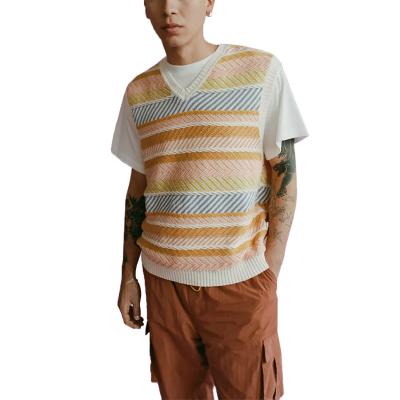 China Anti-Wrinkle Knit Tank Top Mens V-Neck Sweater Sweater Knitwear Manufacturer Custom Men Stripe Pattern Cotton Vest Sleeveless Sweaters for sale