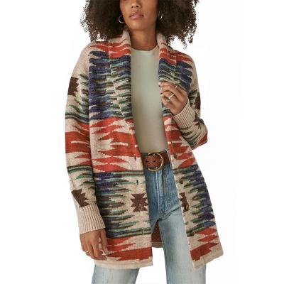 China custom fabrication Anti-wrinkle jacquard knit long sweater button up cardigan with pockets winter aztec geometric women's sweater cardigan for sale