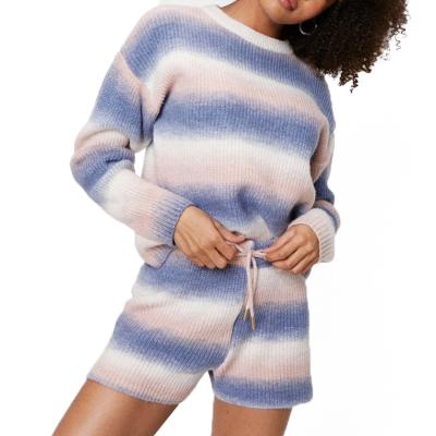 China Anti-wrinkle Custom Design Women Sweater Shorts Long Sleeve Ombre Tie Dye Sweater Set for sale