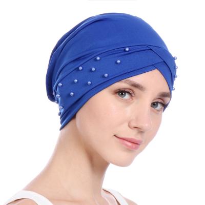 China Checked Milk Silk Stretch Beads Hat Headbands Hijab Scarf Hats Hair Wrap Women Inner Hood for sale