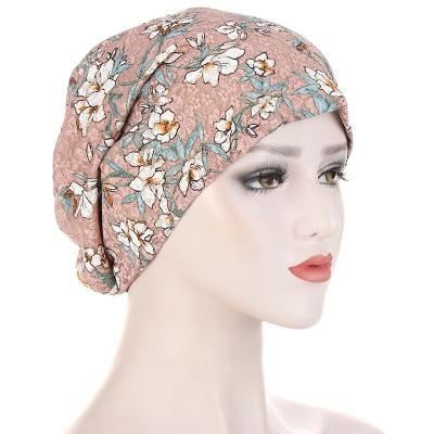 China Striped Lace Up Polyester Stretch Women Printed Flower Soft Fiber Muslim Inner Hijab Scarf Hats Hair Wrap Hood Hat for sale