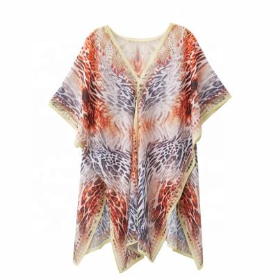 China New Anti-wrinkle chiffon printed bat sleeve beach skirt seaside holiday tan loose shirt for sale