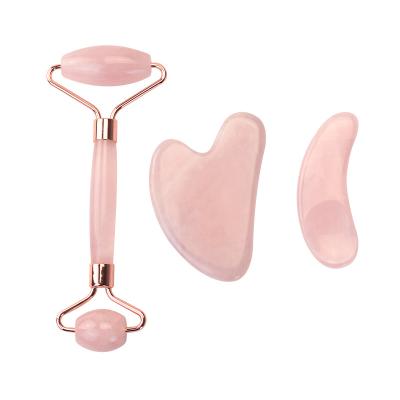 China Beauty Care Make Tools Personal Care Rose Quartz Roller And Guasha Ice Cream Spoon Set for sale