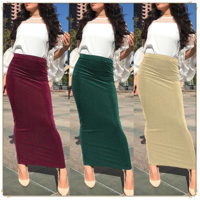 China Polyester solid color half hip skirt fashion stripe muslim slim hip stretch skirt knitted half ankle stretch skirt for sale