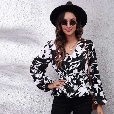 China Polyester Casual Tops For Women White Flower Lantern Sleeve Waist V-Neck Long Sleeve Blouse Chiffon Printed Shirt Tops Women The New Casual for sale