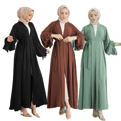 China Dubai Muslim Clothing Maxi Plain Black Pleated Kimono Abaya Modest Wear Middle East Islamic Open Robe Women Wholesale Polyester Long for sale