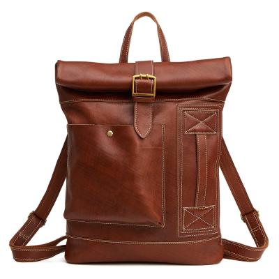 China Fashion School Bag Waterproof Custom Made Natural High Quality Vegetable Tanned Genuine Leather Men Backpack for sale