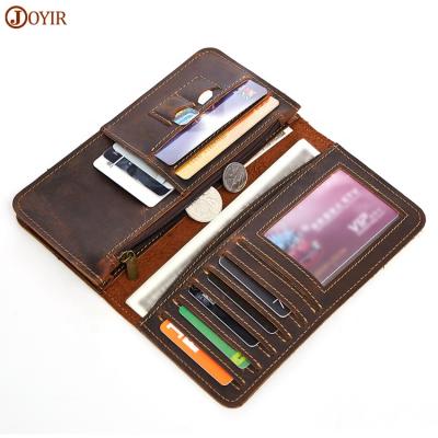 China High Capacity Joyir Vintage Wallet Purse Card Holder Genuine Leather Wallet Zipper Wholesale Brown Crazy Horse Long Size For Men for sale