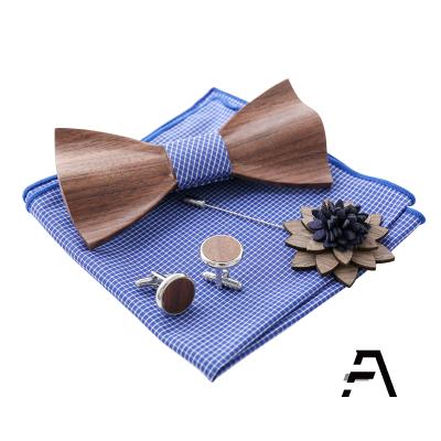 China Wooden Men's Bowtie Handkerchief Cufflinks Lapel Pin Set for Wedding for sale