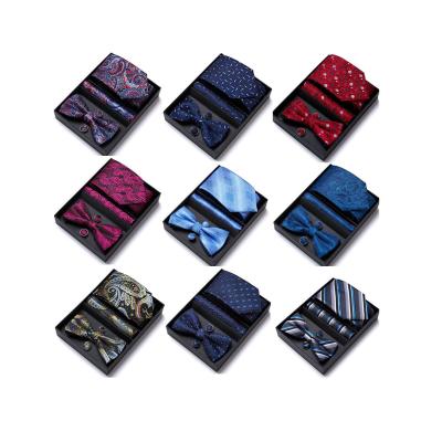 China Stripe Wholesale Mens Tie Bow Tie Cufflinks Handkerchief Gift Box Set for sale