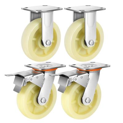 China swivel & Double Brake Rigid Heavy Duty White Plastic Casters 4inch PP Nylon Wheels With Cut for sale