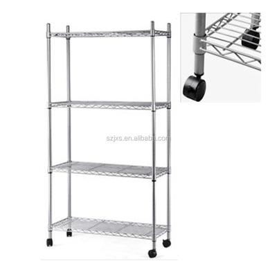 China Warehouse Storage System 4-Tier Light Rack with Wheels Chrome Plated Wire Function Wire Shelf Rolling Shelving for sale