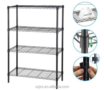 China Commercial Grade Kitchen Wire Shelving Organizer Black Powder Coating 4-Tier Adjustable Warehouse Rack Shelving Housewares Utility Storage for sale