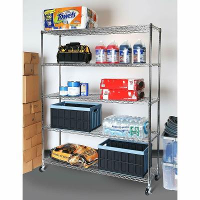 China Durable Warehouse Rack Commercial Grade 5 Tier Steel Wire Shelving With Wheels Chrome for sale