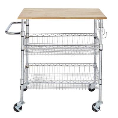 China Rust Proof Kitchen Organizer Metal Chrome Basket Shelf Wire Cart Wood Top Cart for sale