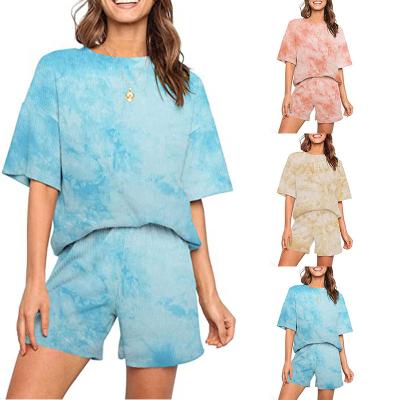 China Summer Home Clothes Woman Tie Dye Printed Pajamas No Set Short Sleeve Top Shorts Lounge Set Casual Two Piece Set Sleepwear for sale