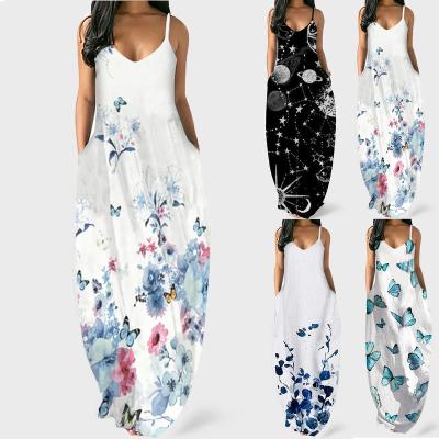 China Women's Summer Pocke Plus Size Printed Casual Spaghetti Deep V Tie Loose Plus Size Long Maxi Dresses for sale