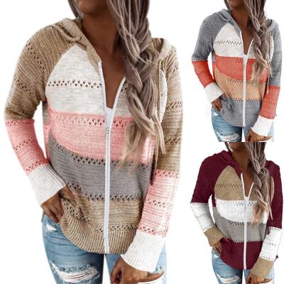 China Plus Size Breathable Women's Long Sleeve Knit Sweater Zipper Up Lightweight Hoodie Jacket Drawstring Color Block Sweatshirt for sale