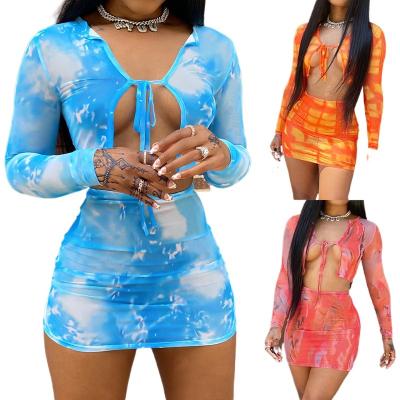 China Fashion summer printed tie-dyed color two pieces women summer outfits sweatSuits crop tops sets skirt sets for sale