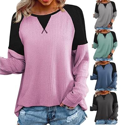 China Breathable Women's Plus Size Print Tunic Tops Long Sleeve Waffle Knit Color Block Casual Loose T-Shirts for sale