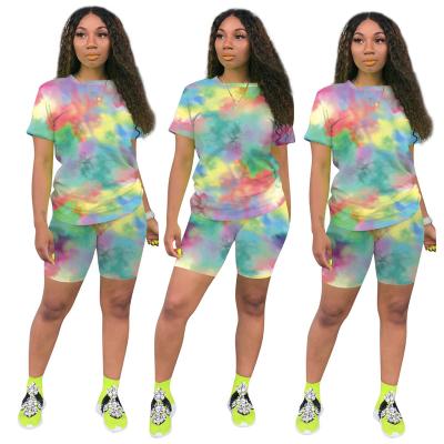 China Home Plus Size Casual Outfits Tie Dye Summer Two Piece Women Tracksuit Sets Cartoon Women Clothes 2 Pieces Short Set for sale