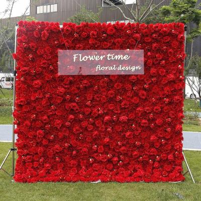 China Low MOQ Silk Flowers Roll Wedding 3D Decorative Artificial Rose Flower Wall Backdrop Red for sale