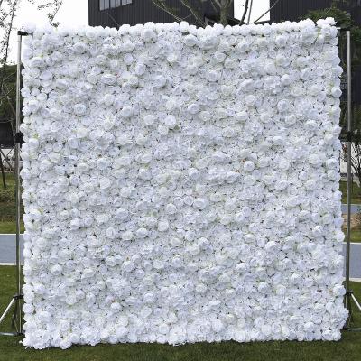 China Low MOQ Silk Flowers Roll Wedding 3D Decorative Artificial Rose Flower Wall Backdrop White for sale