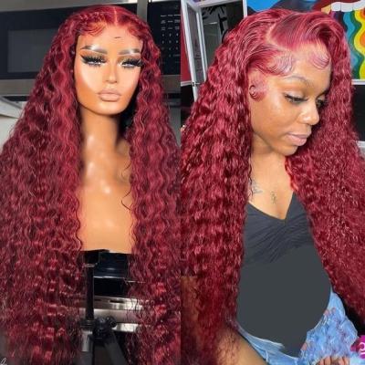 China Other Customized Colored Transparent Lace Front Wigs Wavy Burgundy Color Highlight Hair Lace Closure Wig 99j 5x5 Hd GL for sale