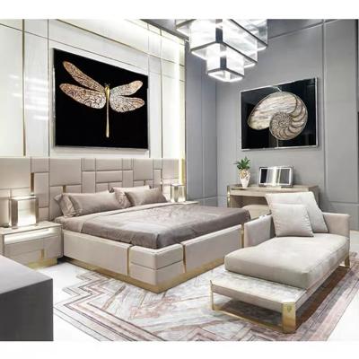 China Modern Double Bed Luxury Bedroom Furniture Upholstered Genuine Leather Italian Bed With Extended Headboard King Size White Leather Bed for sale