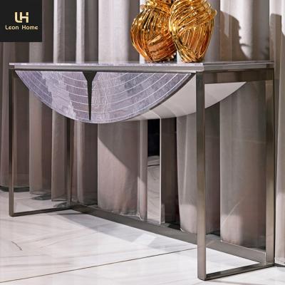 China Luxury High Quality Luxury Plywood With Marble Veneer Modern Console Table With Stainless Steel Legs for sale